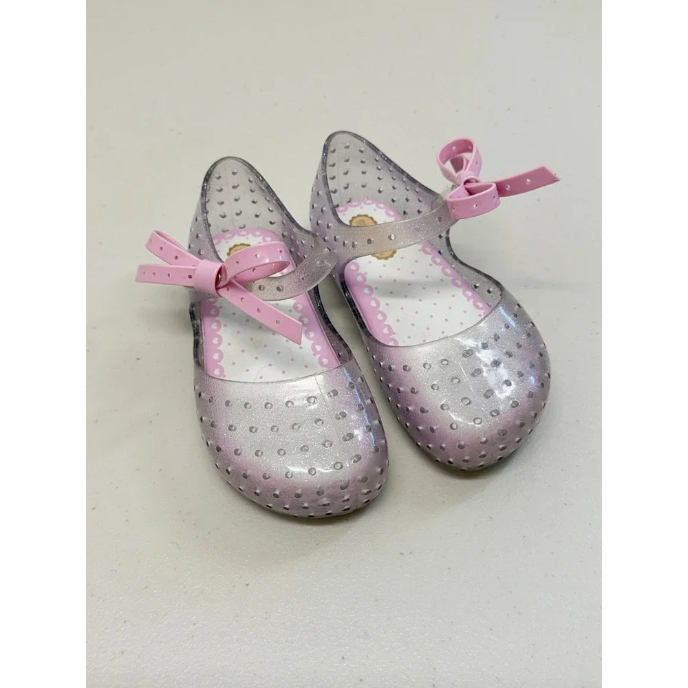 Mini Melissa Ultragirl Silver Glitter Pink Bow Jelly Mary Jane Shoes Size 9